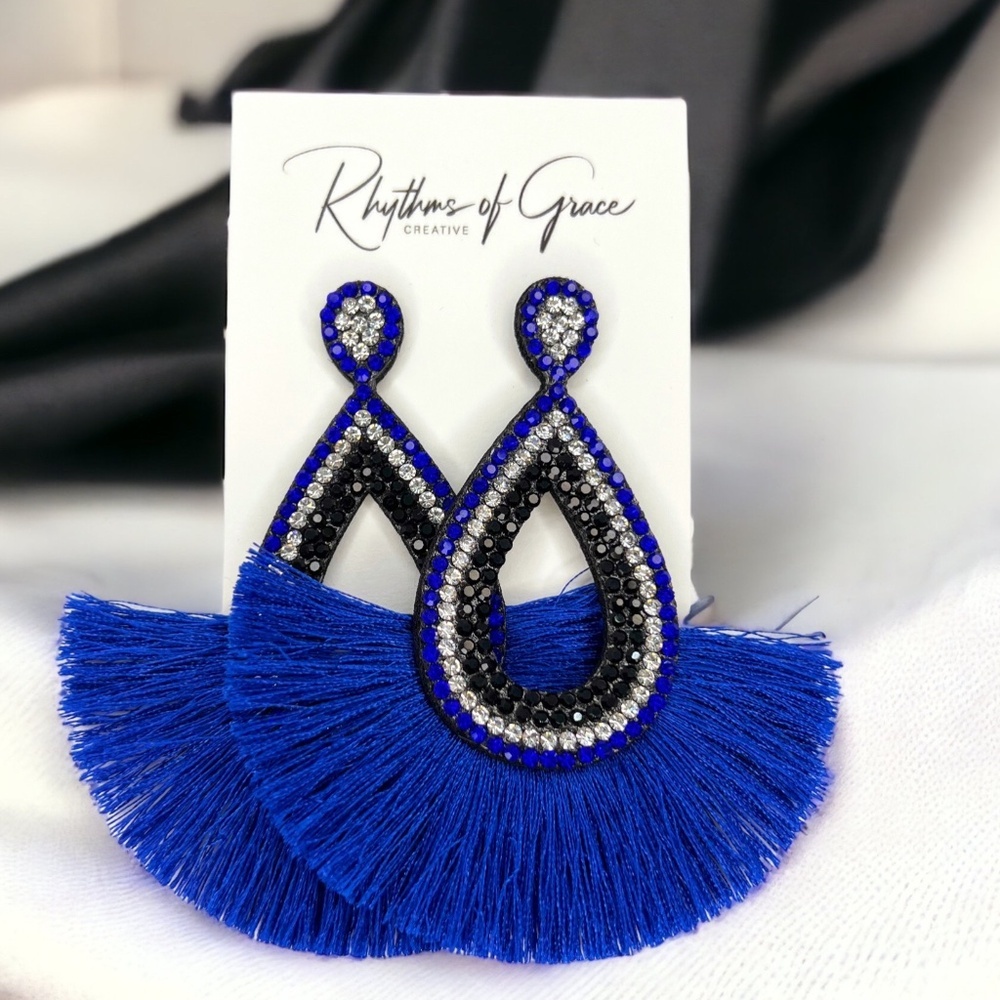 Blue Black Tassel Earrings Rhinestone Statement Dangle Game Day Jewelry